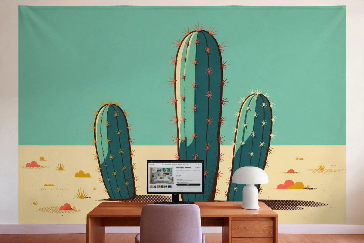 Wanddeko im Büro hinter dem Schreibtisch: Wandtuch Pop-Art-Kakteen, auf Stoff gedruckt