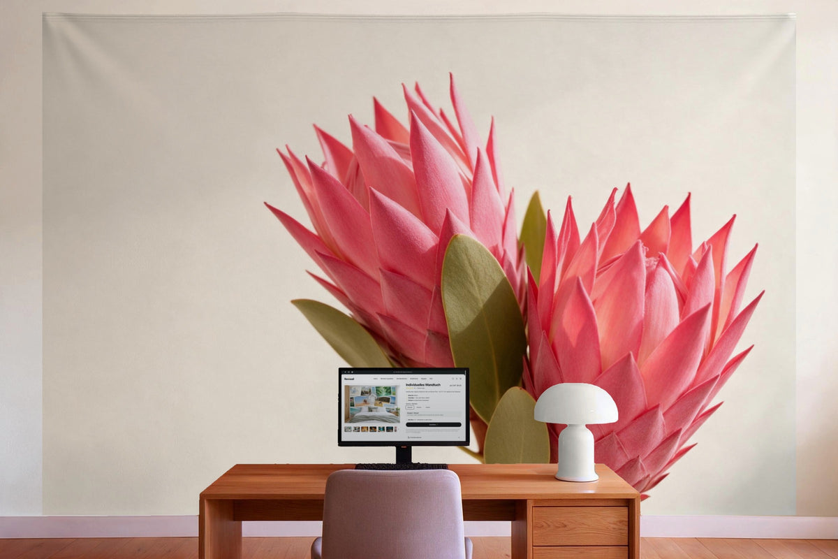 Decoración de pared en la oficina detrás del escritorio: tapiz de tela Flores de protea rosas