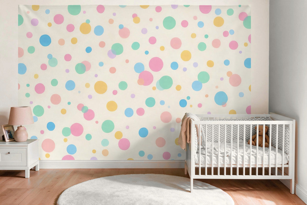 Tapiz de pared XXL Lunares de colores sobre crema como decoración en la habitación del bebé sobre la cuna