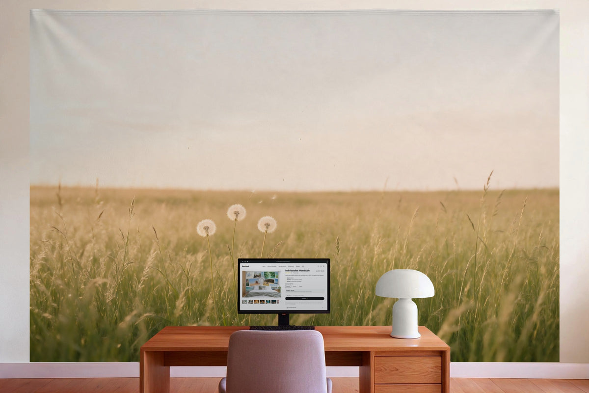 Wall decor in a home office behind the desk: printed fabric tapestry Dandelions in the Summer Meadow