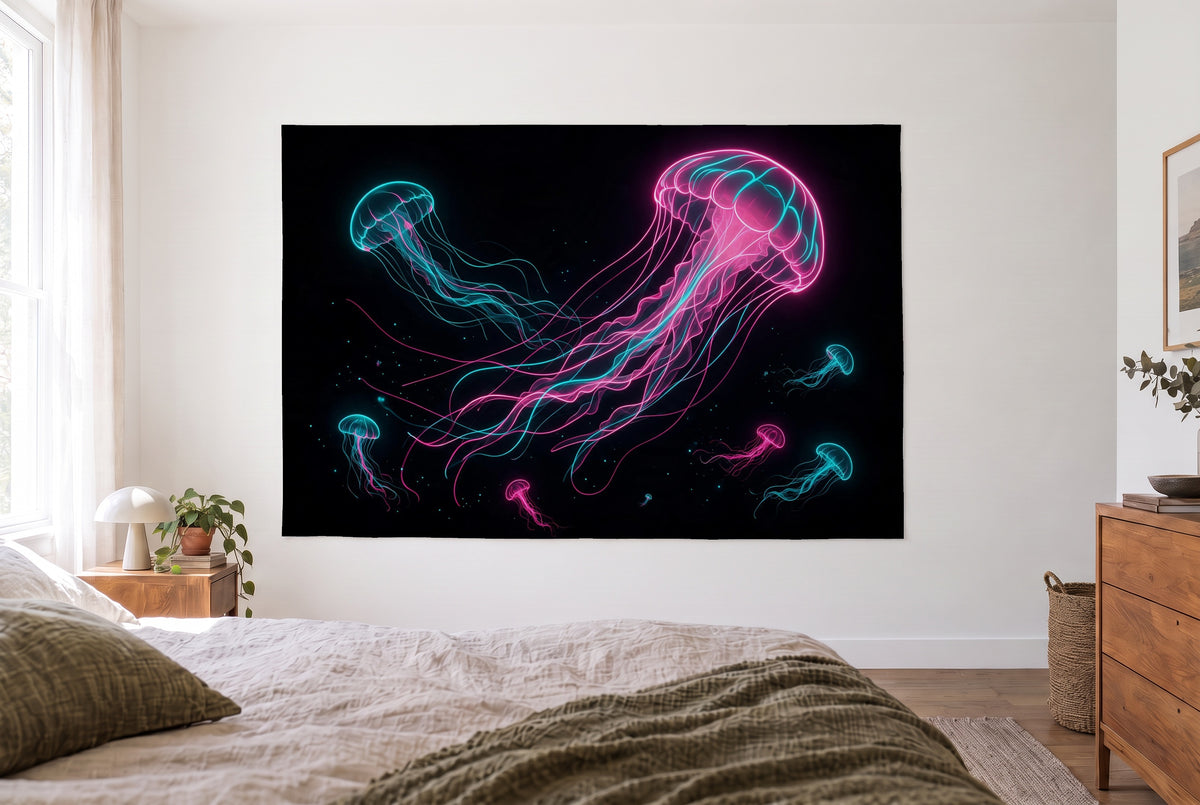 Jellyfish in Neon tapestry in the bright bedroom opposite the bed, wooden dresser at right – neon pink and cyan on black