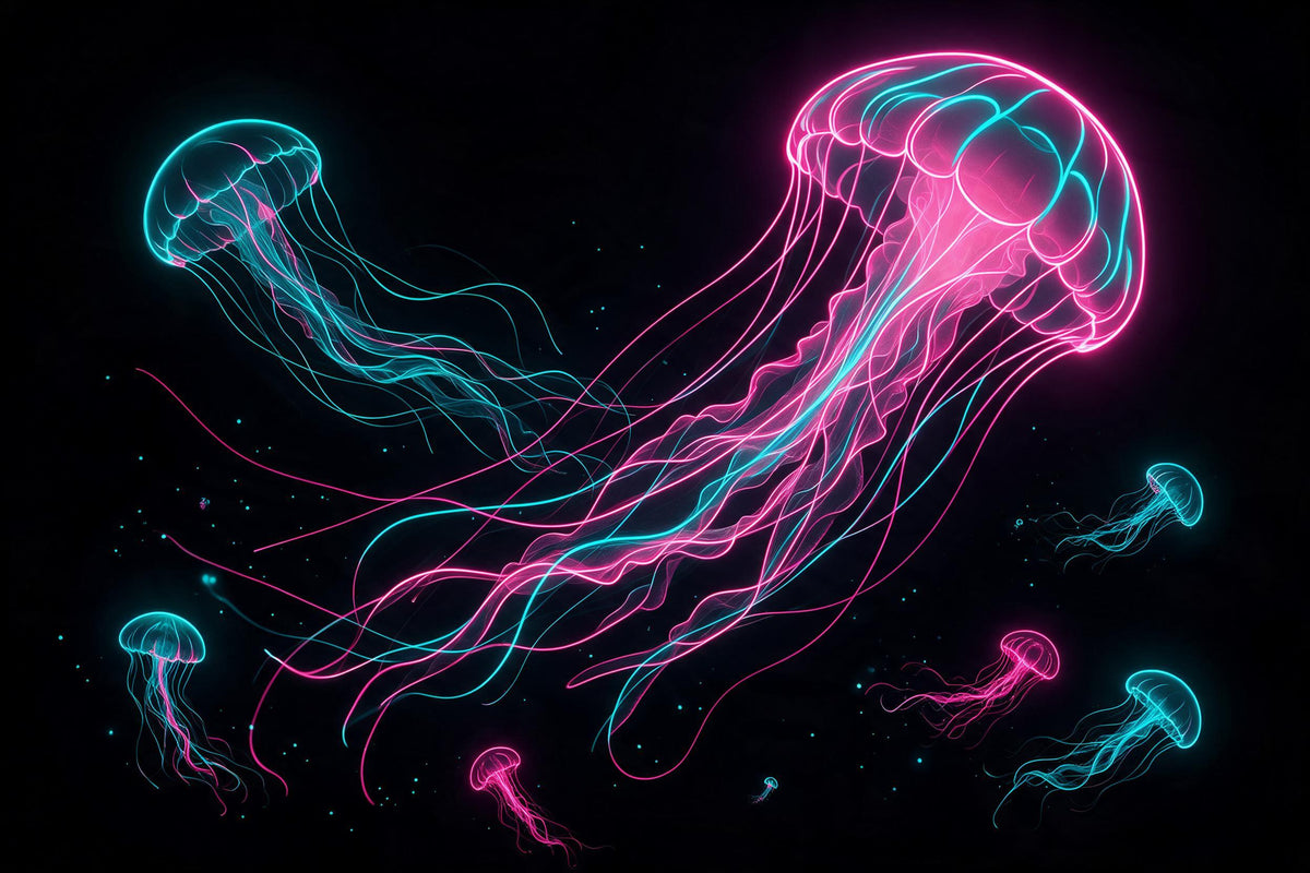 Neon-glowing jellyfish with long tentacles float through deep black, tapestry printed on fabric – pink and cyan