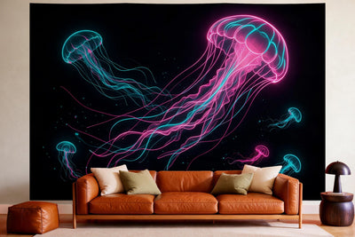 XXL wall tapestry Jellyfish in Neon as wall decor in a cosy living room above the leather sofa