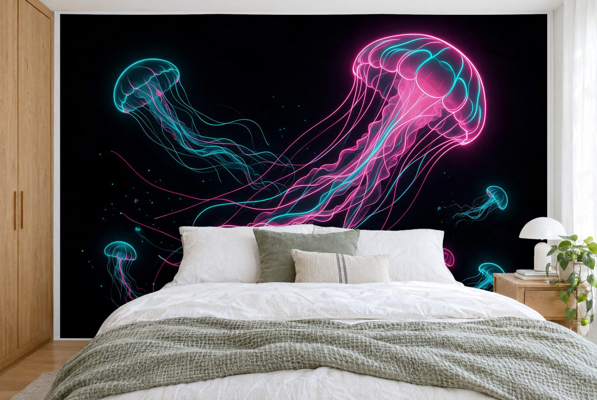 Large wall hanging Jellyfish in Neon in the bedroom, wall-filling behind the bed – printed tapestry