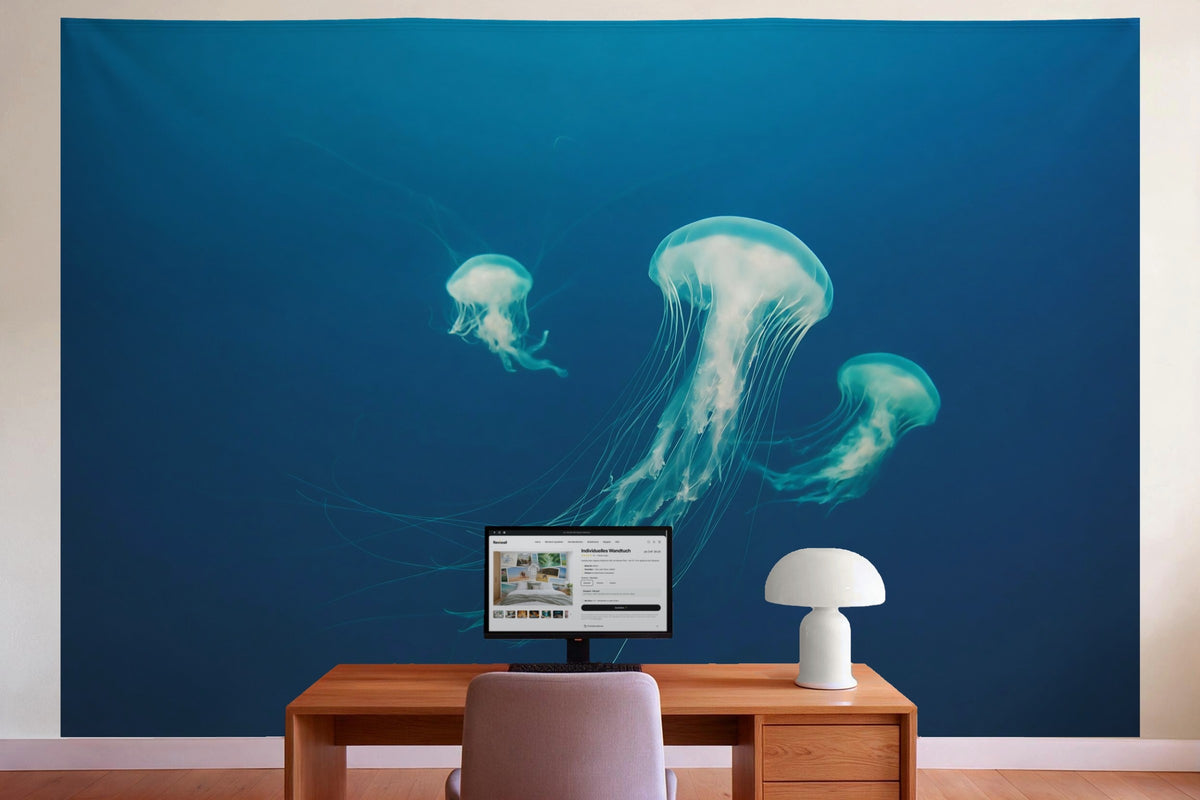 Decoración de pared en la oficina detrás del escritorio: tapiz de tela Medusas en azul profundo