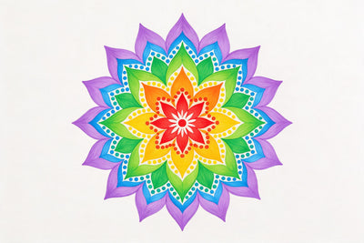 Mandala floral en forma de estrella con colores del arcoíris sobre fondo blanco, tapiz impreso en tela – colorido