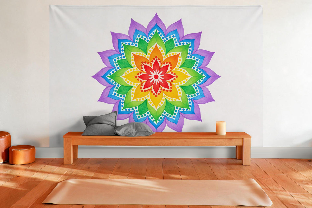 Wandtuch XXL Regenbogen-Mandala auf Weiss als Wanddeko im Yogaraum