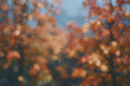 Regentropfen und Rinnsale auf einer Fensterscheibe vor Herbstlaub, als Wandtuch, auf Stoff gedruckt – Orange und Blau