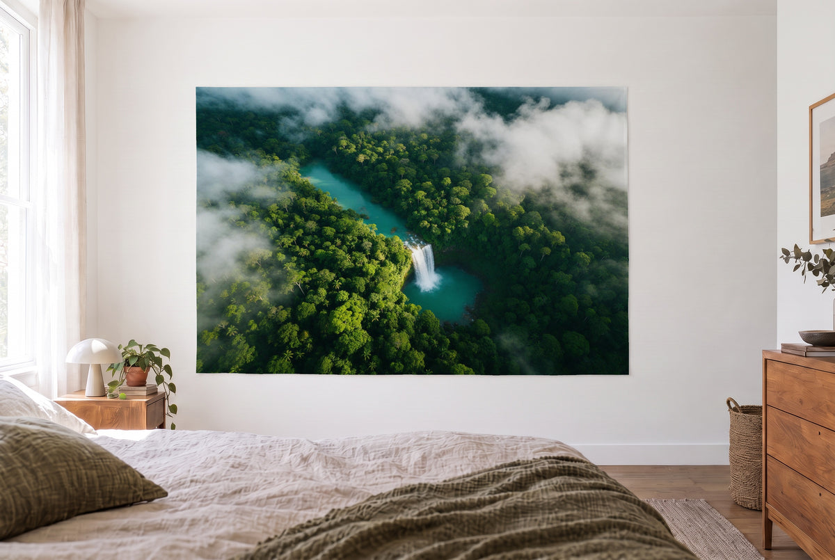 Rainforest with waterfall from above tapestry in the bright bedroom opposite the bed, wooden dresser at right – green