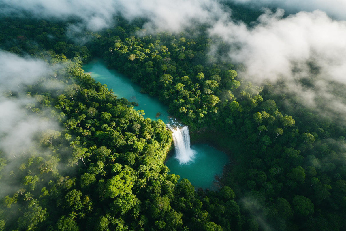 Rainforest from above with a white waterfall, turquoise river and veils of cloud, tapestry printed on fabric – emerald green