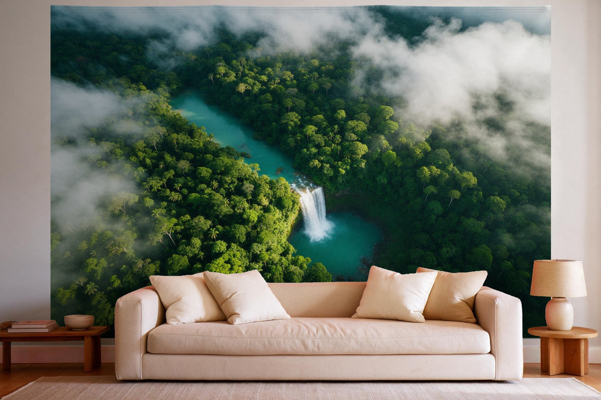 Wall decor in a bright living room above the sofa: printed fabric tapestry Rainforest with Waterfall from Above