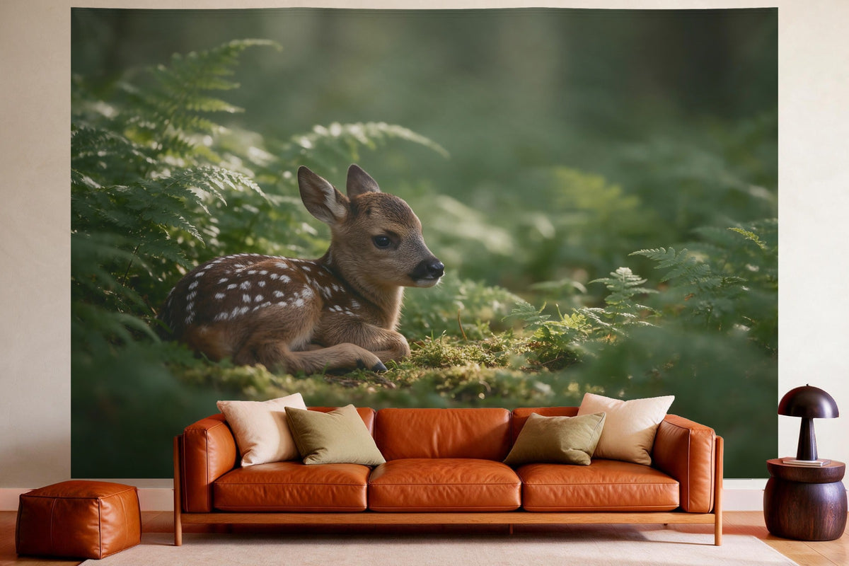 Wandtuch XXL Rehkitz im Farn als Wanddeko im gemütlichen Wohnzimmer über dem Ledersofa
