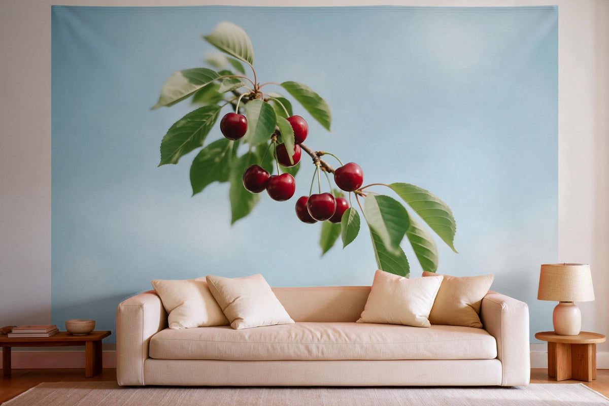 Wandtuch XXL Reife Kirschen am Zweig als Wanddeko im hellen Wohnzimmer über dem Sofa