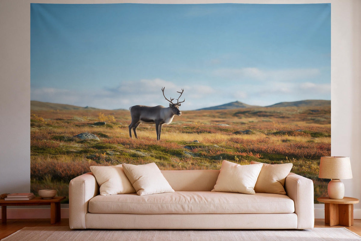 XXL wall tapestry Reindeer in the Tundra as wall decor in a bright living room above the sofa