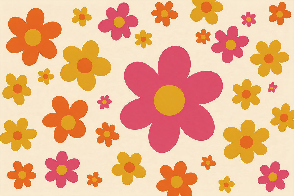 Seventies retro flowers, large pink blossom right of centre on cream, tapestry printed on fabric – orange and yellow