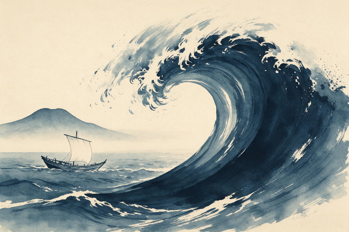 Riesenwelle mit weisser Gischt und kleinem Fischerboot in Japan-Tusche, als Wandtuch, auf Stoff gedruckt – Indigo und Creme