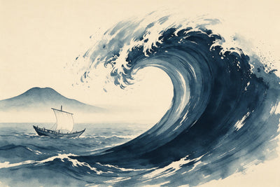 Giant wave with white spray and a small fishing boat in Japanese ink, tapestry printed on fabric – indigo and cream