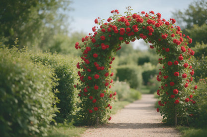 Rosenbogen mit roten Kletterrosen rechts über hellem Kiesweg, links Hecke, als Wandtuch, auf Stoff gedruckt – Rot und Grün