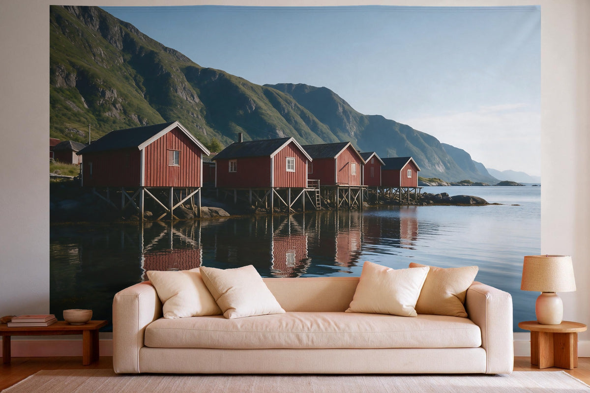 Wandtuch XXL Rote Fischerhütten am Fjord als Wanddeko im hellen Wohnzimmer über dem Sofa