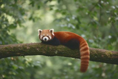 Roter Panda mit geringeltem Schwanz ruht links der Mitte auf bemoostem Ast, als Wandtuch, auf Stoff gedruckt – Rot und Grün