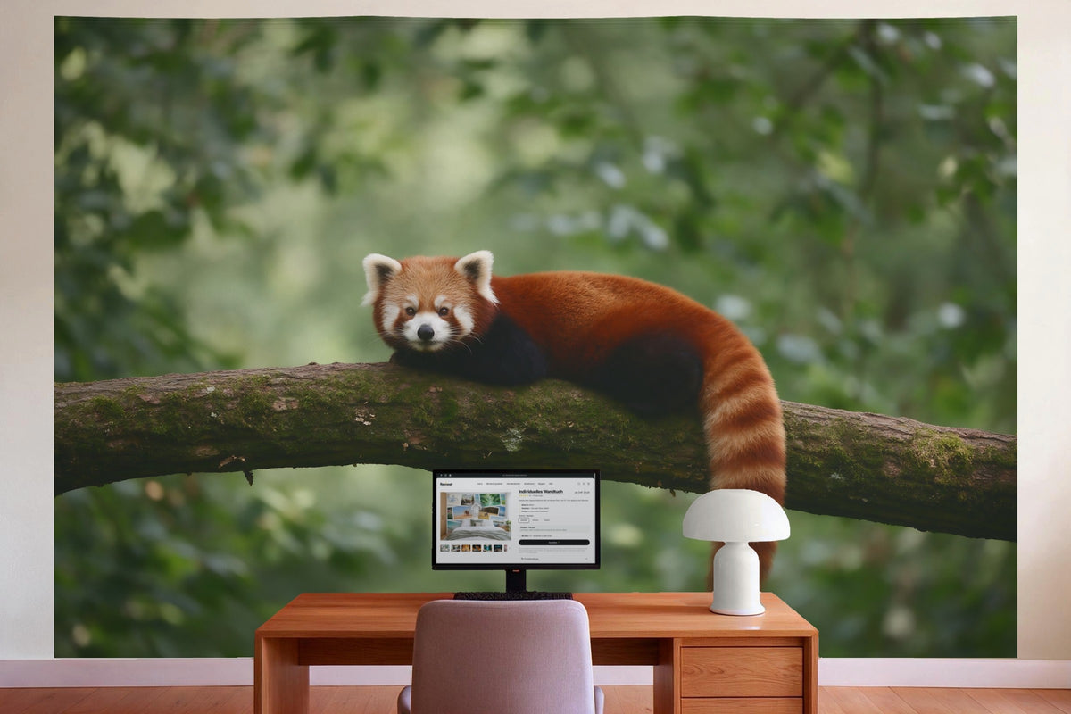Wanddeko im Büro hinter dem Schreibtisch: Wandtuch Roter Panda auf dem Ast, auf Stoff gedruckt
