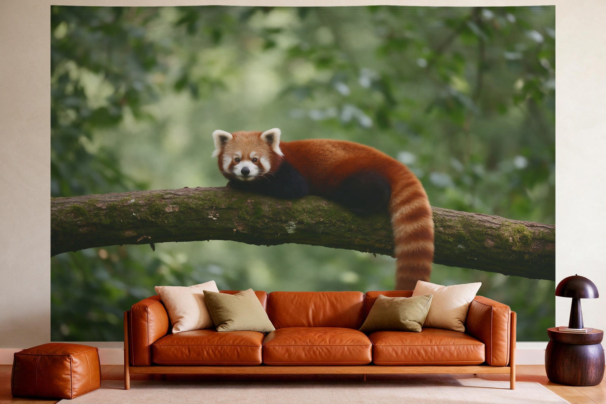 Wandtuch XXL Roter Panda auf dem Ast als Wanddeko im gemütlichen Wohnzimmer über dem Ledersofa