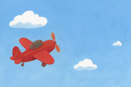 Red propeller plane climbing at left between white clouds into the sky, tapestry printed on fabric – red and blue