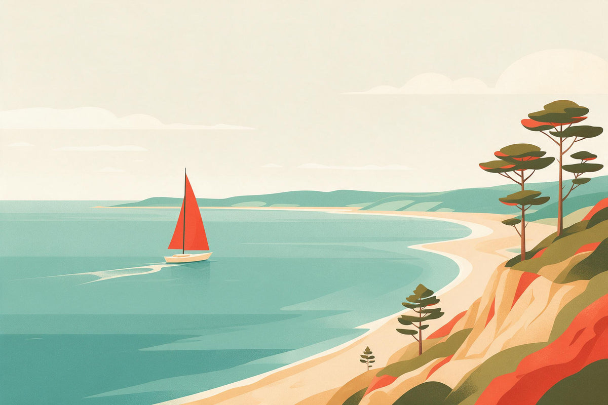 Segelboot mit rotem Segel links in der Bucht, rechts Klippe mit Kiefern, als Wandtuch, auf Stoff gedruckt – Petrol und Sand