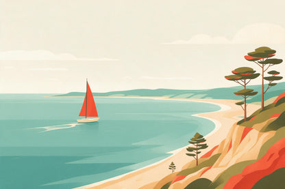 Segelboot mit rotem Segel links in der Bucht, rechts Klippe mit Kiefern, als Wandtuch, auf Stoff gedruckt – Petrol und Sand