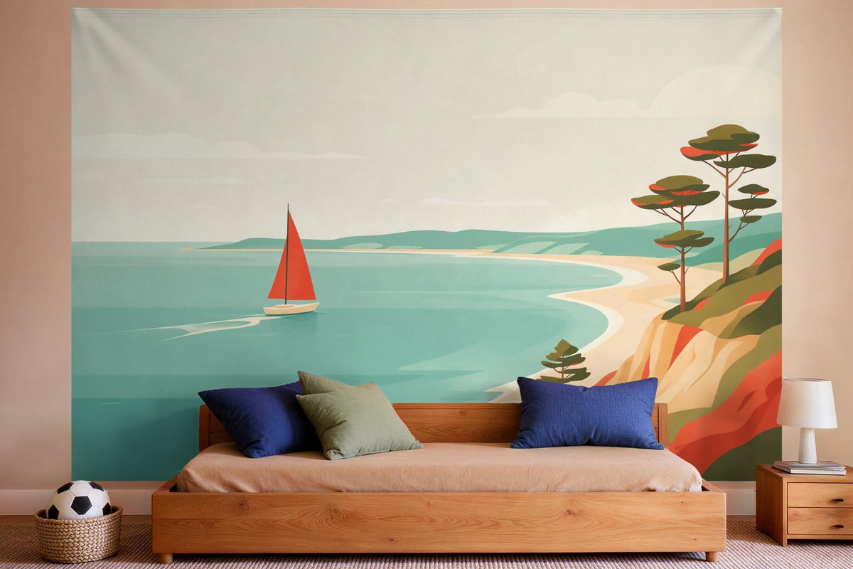 XXL wall tapestry Red Sail in the Bay as wall decor in a boys' bedroom