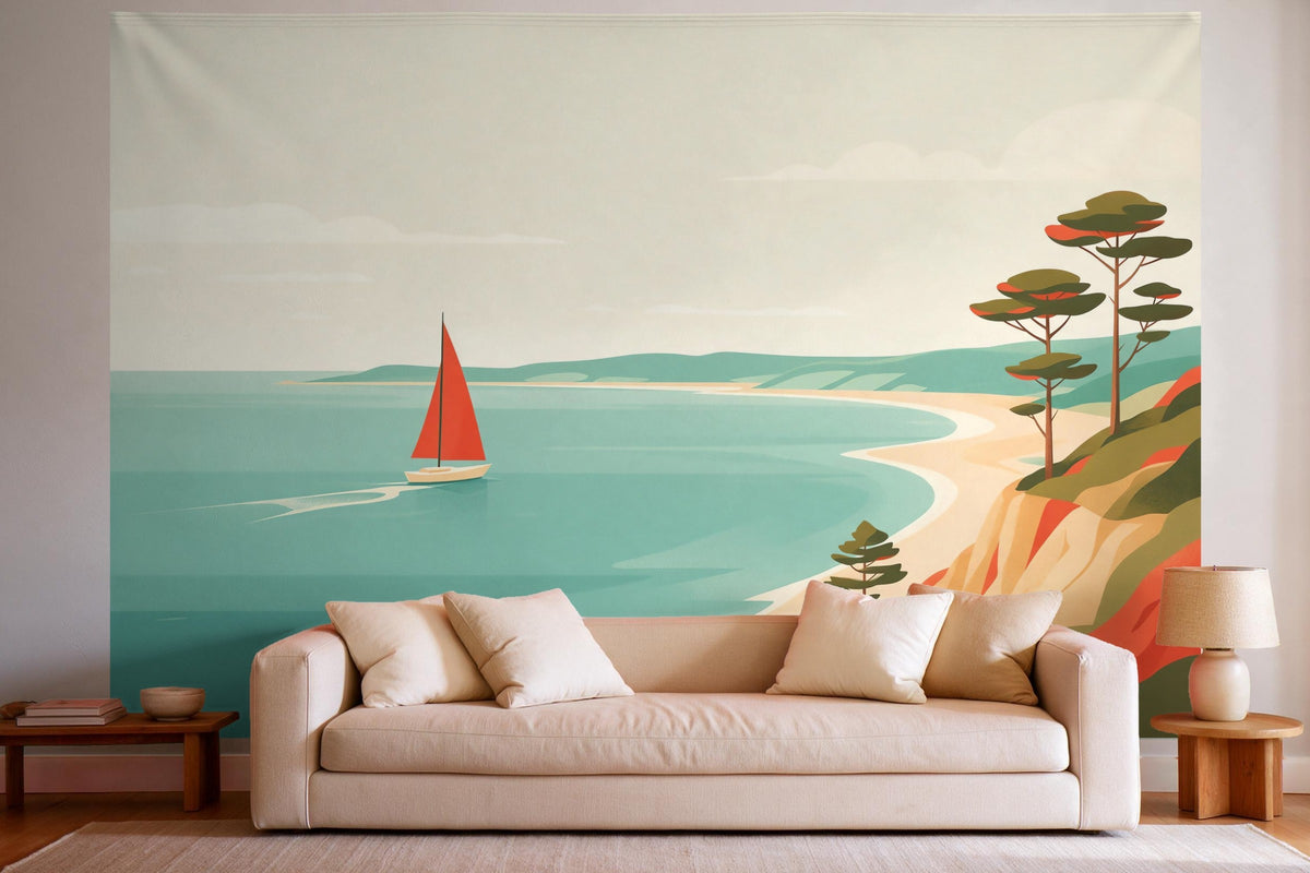 Wall decor in a bright living room above the sofa: printed fabric tapestry Red Sail in the Bay