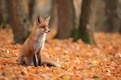 Roter Fuchs sitzt aufrecht links im orangen Herbstlaub vor Baumstämmen, als Wandtuch, auf Stoff gedruckt – Orange und Braun