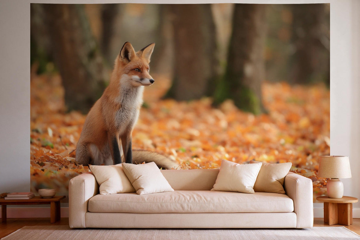 Tapiz de pared XXL Zorro entre hojas de otoño como decoración en un salón luminoso sobre el sofá