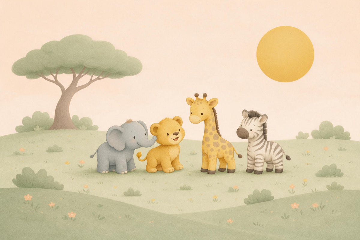 Safari baby animals with elephant, lion, giraffe and zebra on a green hill under a yellow sun, tapestry printed on fabric