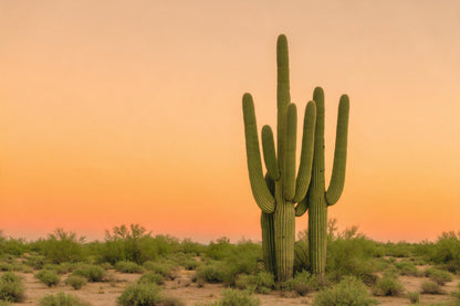 Cactus saguaro aux bras puissants à droite du centre, ciel orange, tenture murale imprimée sur tissu – vert et orange