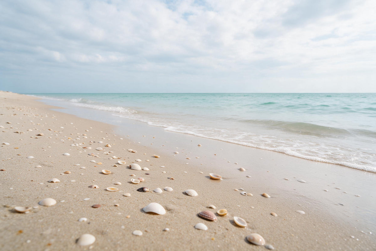 Sandstrand mit Muscheln und feuchtem Sand unter Wolkenhimmel, als Wandtuch, auf Stoff gedruckt – Beige und Türkis