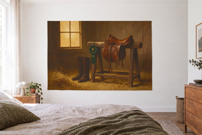 Saddle and Riding Boots tapestry in a bright bedroom opposite the bed, a wooden dresser on the right – brown and green