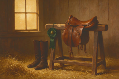 Saddle on a wooden stand with riding boots and a green rosette for horse riding, tapestry printed on fabric – brown and gold