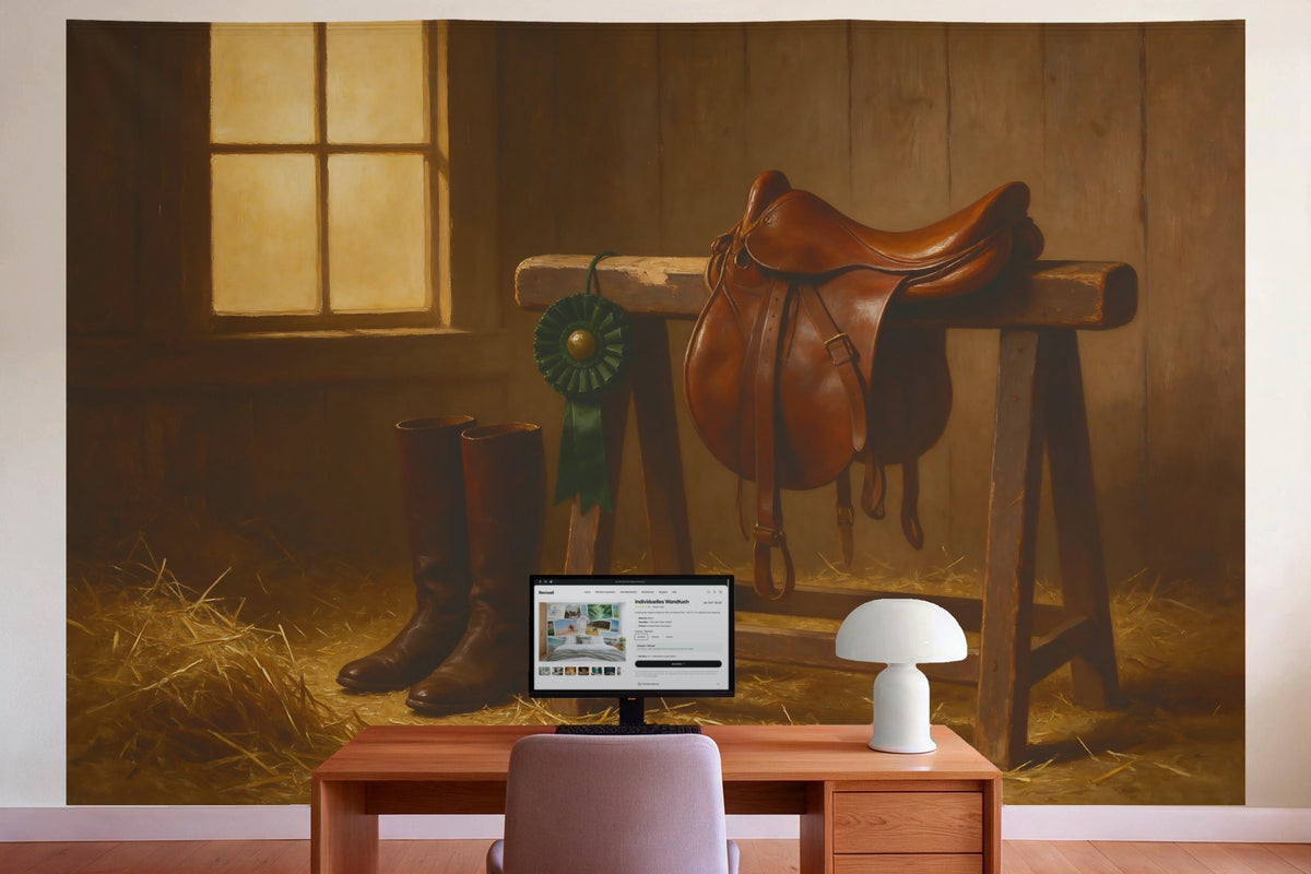 Déco murale dans le bureau derrière la table de travail : tenture murale Selle et bottes d'équitation à l'écurie, imprimée sur tissu