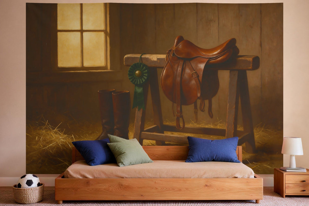 Déco murale dans une chambre de garçon : tenture murale Selle et bottes d'équitation à l'écurie, imprimée sur tissu