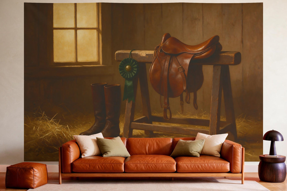 Tenture murale XXL Selle et bottes d'équitation à l'écurie en déco murale dans un salon chaleureux au-dessus du canapé en cuir