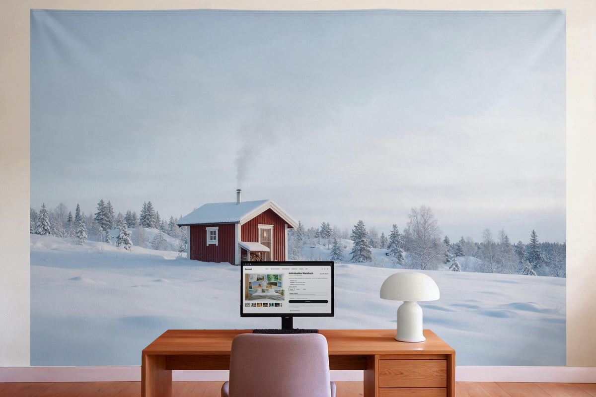 Wall decor in a home office behind the desk: printed fabric tapestry Sauna Cabin in the Snow