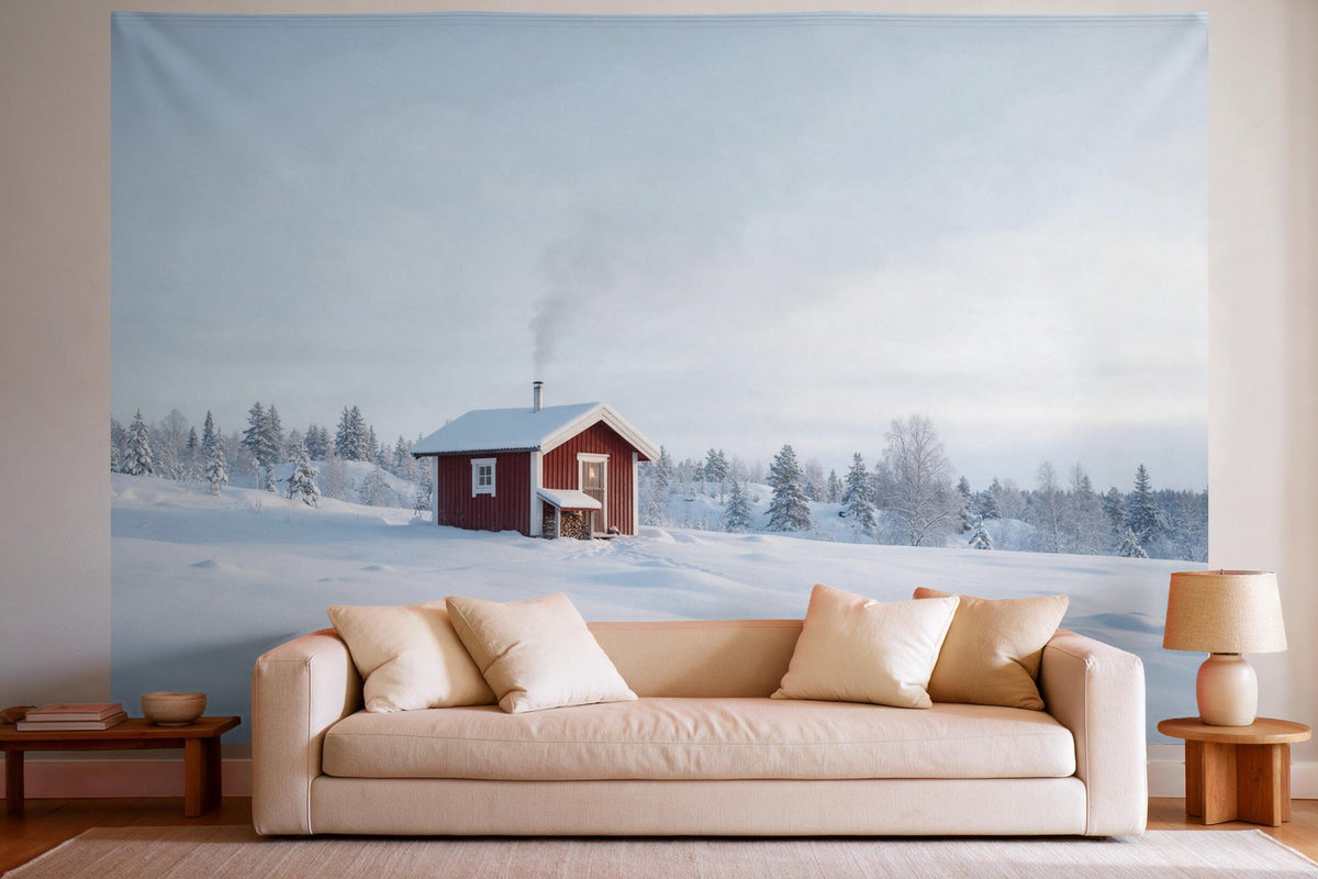 XXL wall tapestry Sauna Cabin in the Snow as wall decor in a bright living room above the sofa