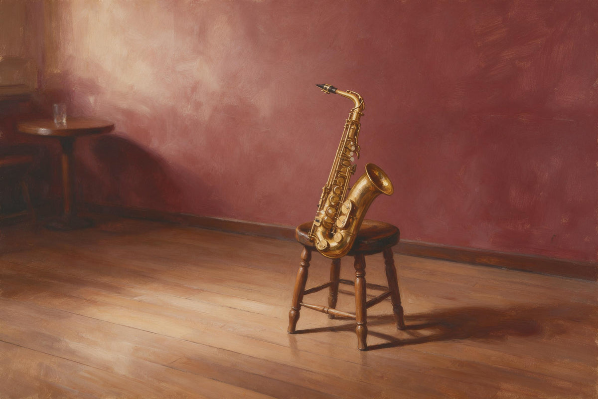 Goldenes Saxophon auf einem Holzhocker vor weinroter Wand im Jazzclub, als Wandtuch, auf Stoff gedruckt – Gold und Rot