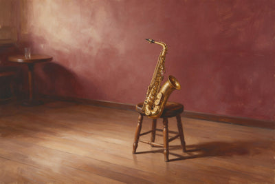 Goldenes Saxophon auf einem Holzhocker vor weinroter Wand im Jazzclub, als Wandtuch, auf Stoff gedruckt – Gold und Rot