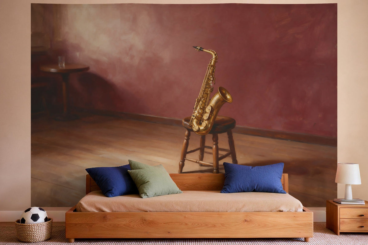Wanddeko im Jungen-Kinderzimmer: Wandtuch Saxophon im Jazzclub, auf Stoff gedruckt