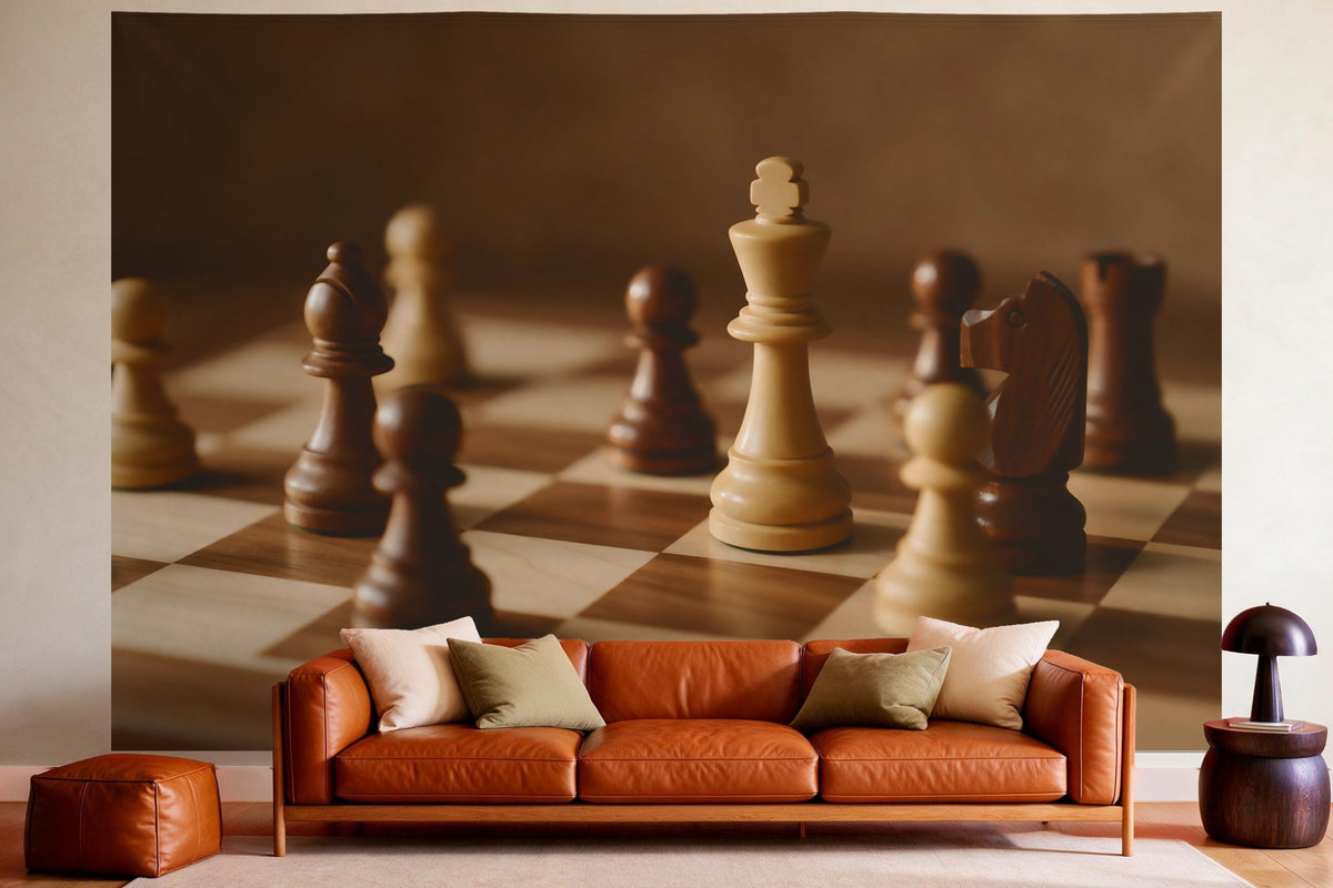 Déco murale dans un salon chaleureux au-dessus du canapé en cuir : tenture murale Pièces d'échecs sur l'échiquier, imprimée sur tissu
