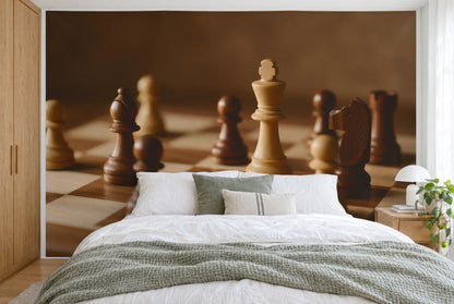 XXL printed fabric: light chess king right of centre among wooden pieces, full wall behind the bed