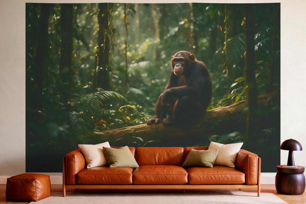 XXL wall tapestry Chimpanzee on the Tree Trunk as wall decor in a cosy living room above the leather sofa