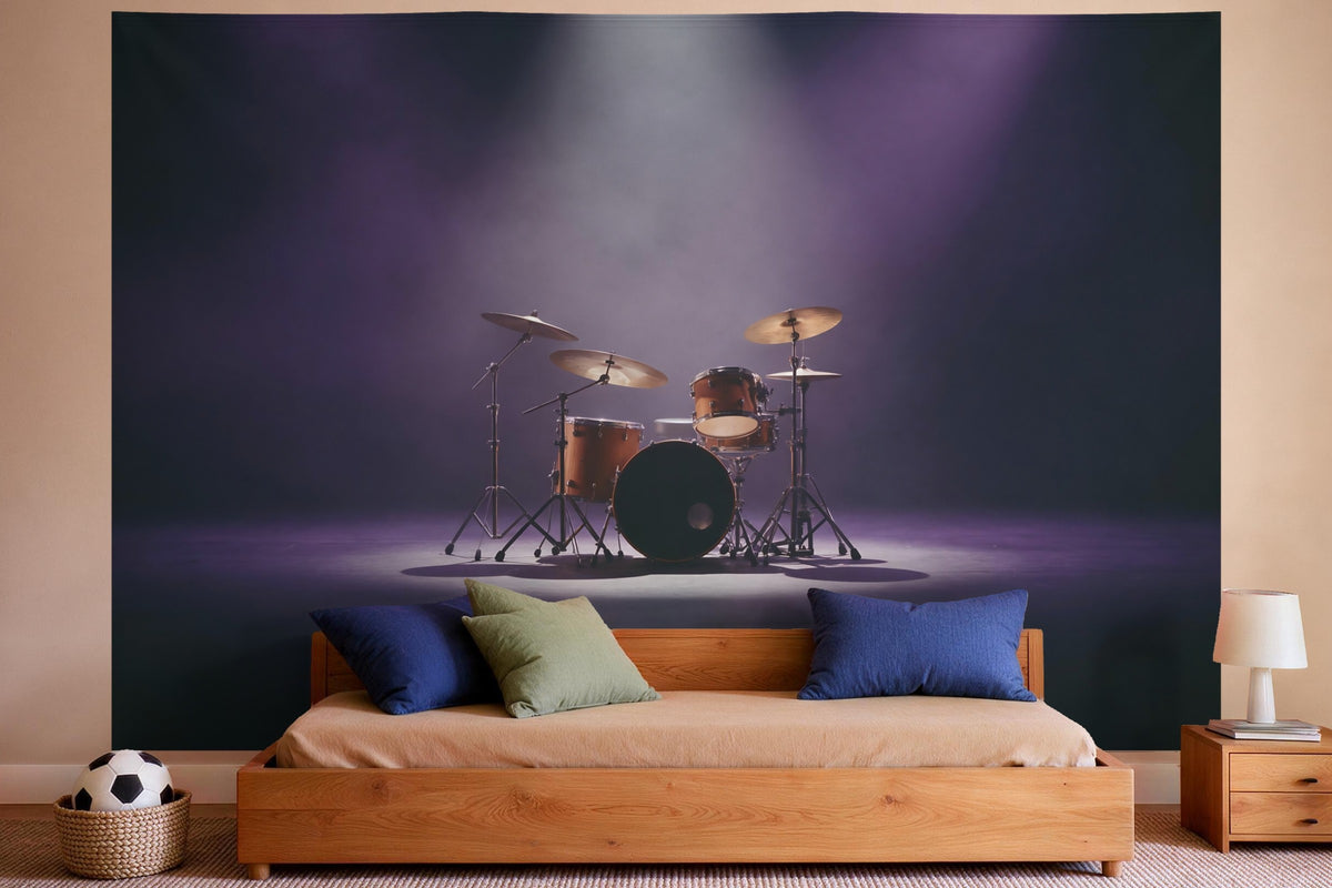 XXL wall tapestry Drum Kit in Stage Light as wall decor in a boys' bedroom